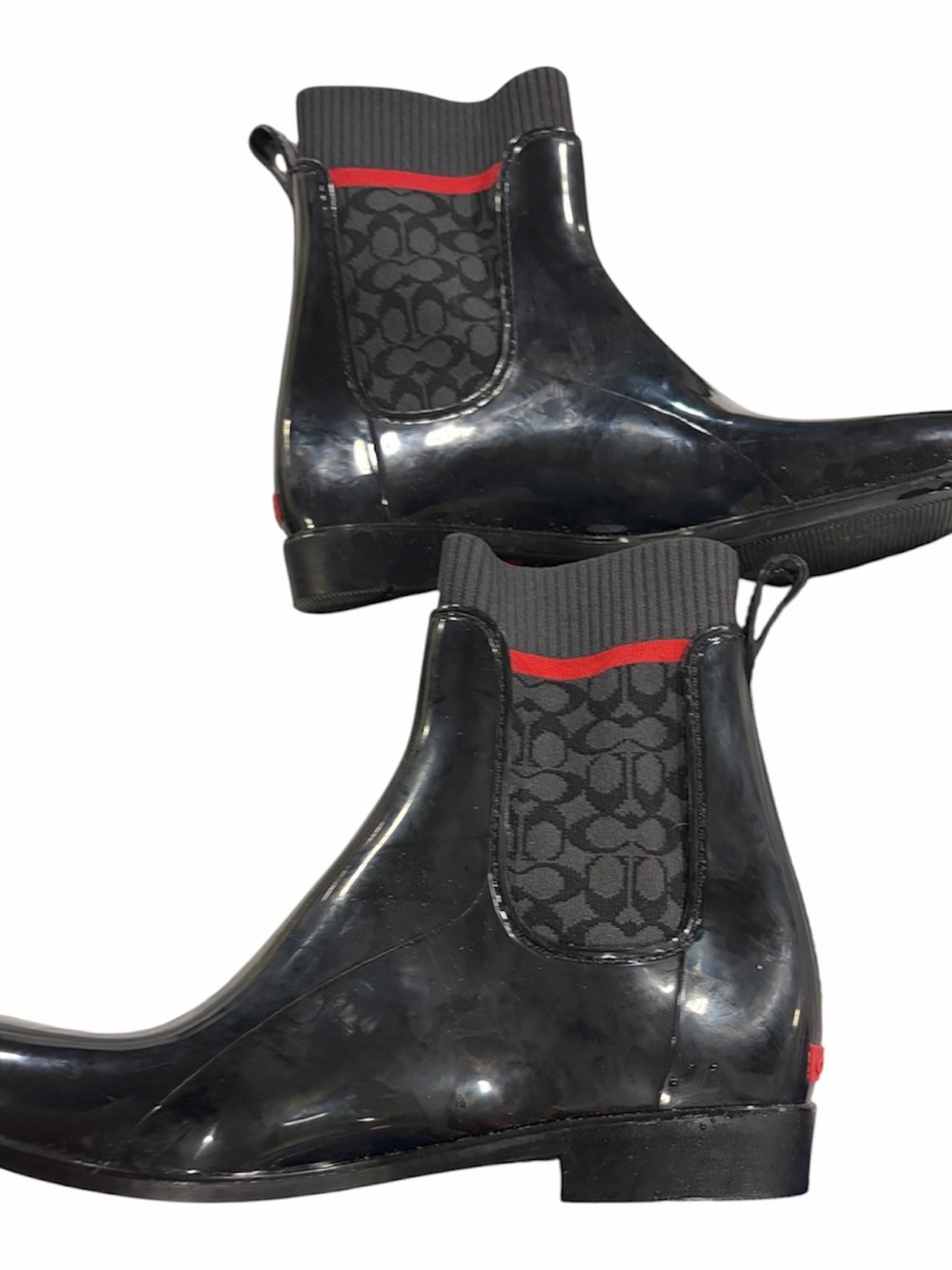 Coach Black Patent Ankle Rain Boots with Gray Knit Collar and Red Trim - Picture 4 of 7